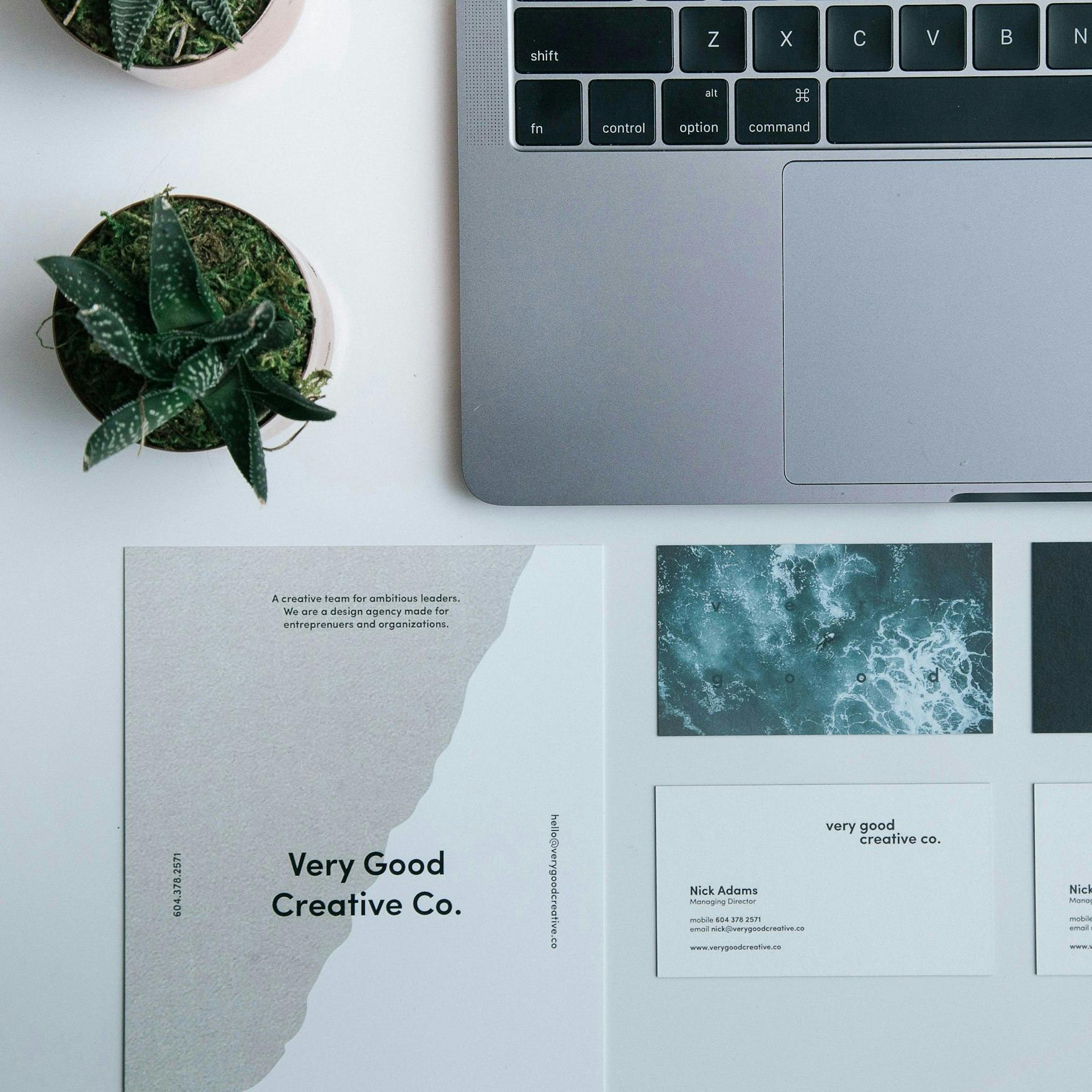 Marketing Image, Business Cards and Business Flyers on white table, decorative plants and a laptop